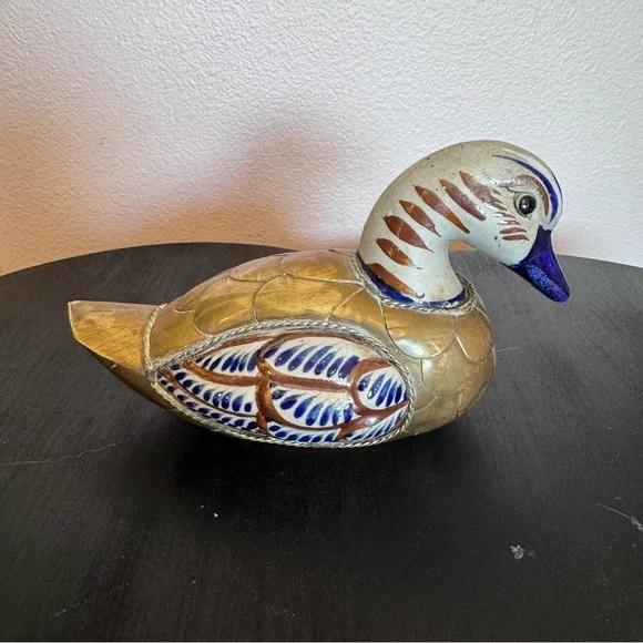 Vintage Mexican Tonala Pottery and Brass Duck - Picture 1 of 8